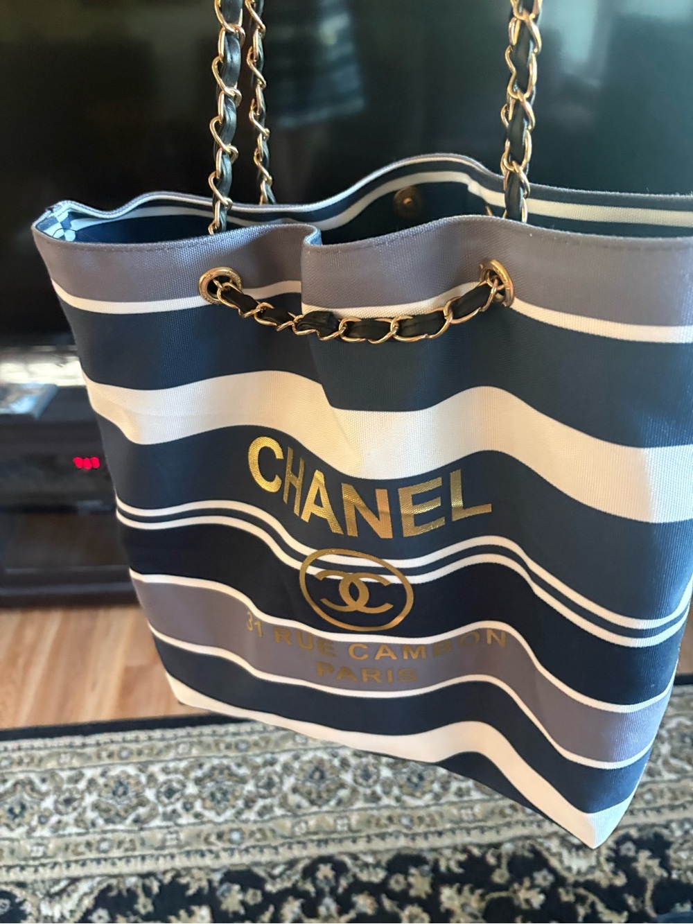 Navy, White & Gray Striped Tote with Gold Chain Detail